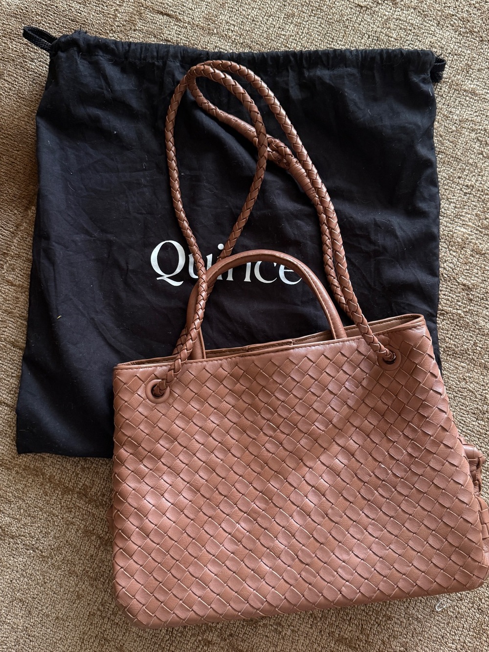 Quince Woven Leather Satchel Bag in cognac
